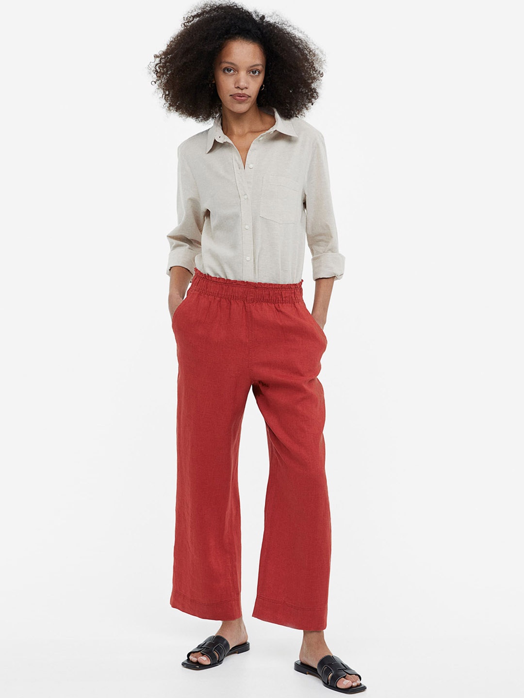 

H&M Women Ankle-Length Linen Trousers, Red