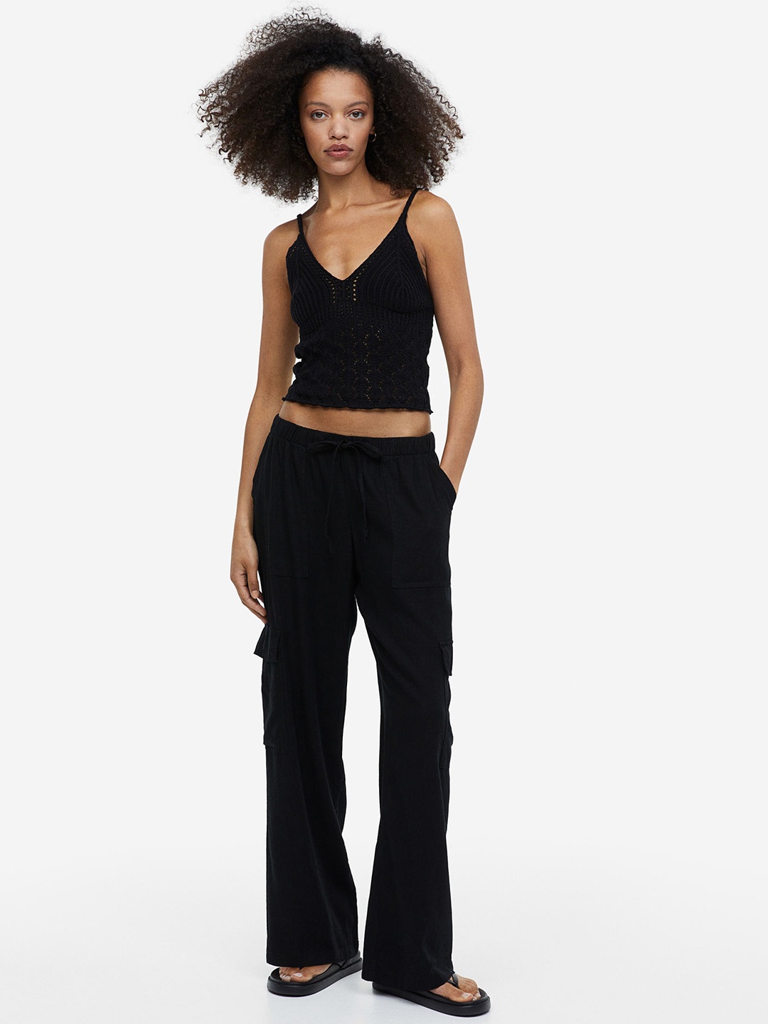 

H&M Women Linen-Blend Cargo Trousers, Black