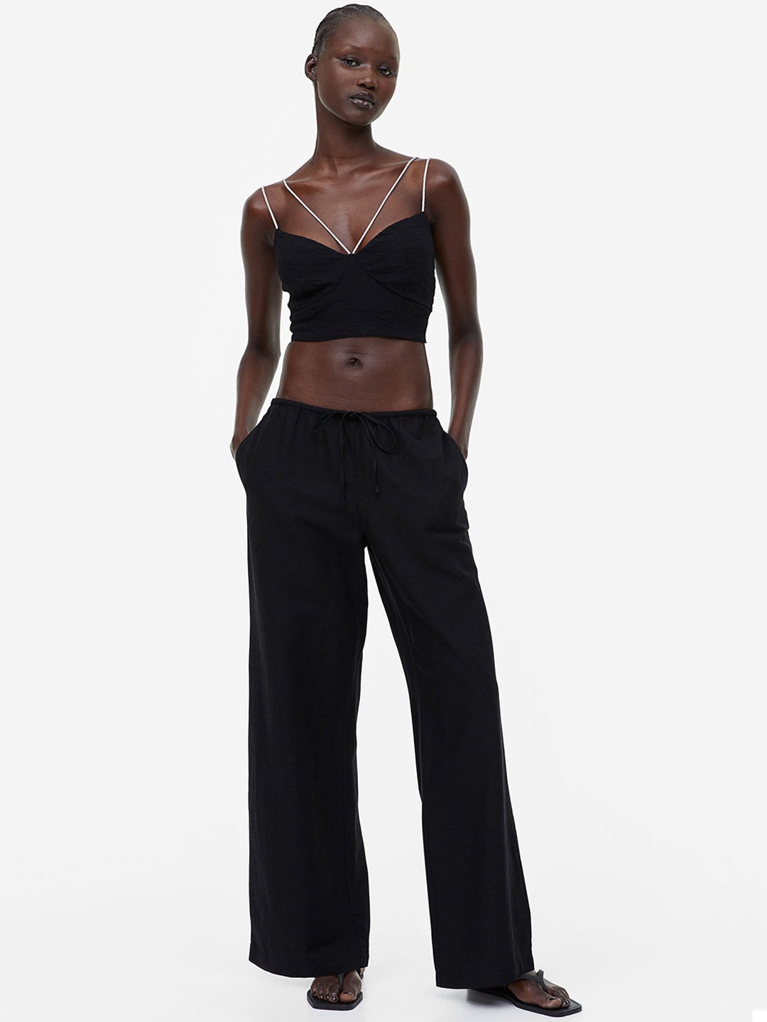 

H&M Women Linen-Blend Trousers, Black