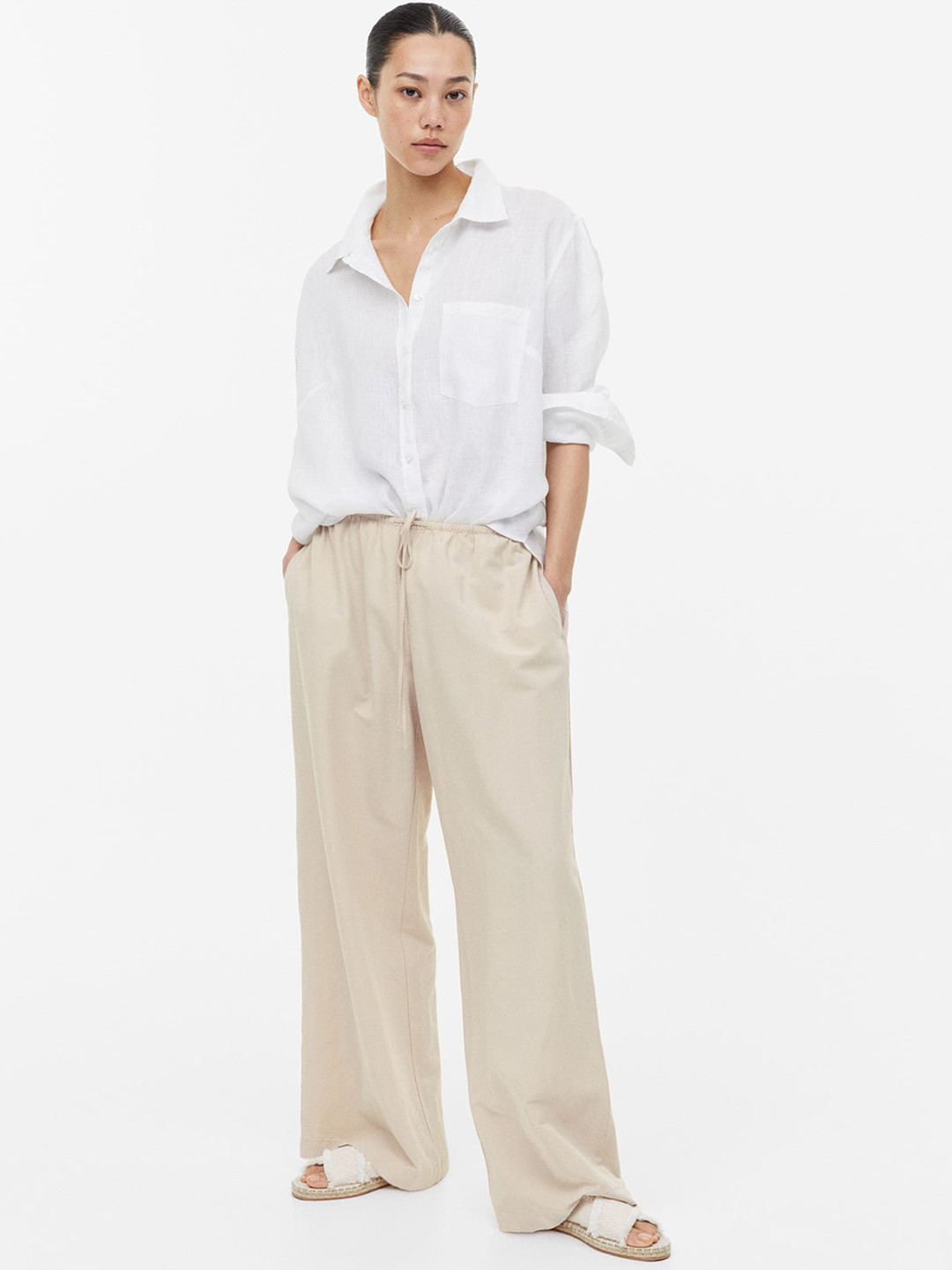 

H&M Women Linen-Blend Trousers, Beige