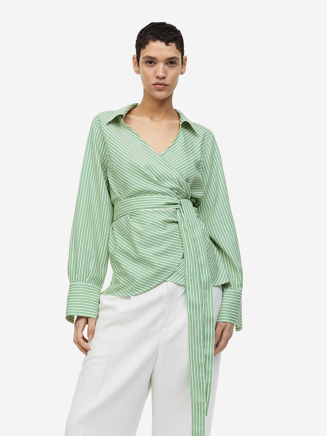 

H&M Linen-Blend Wrap Blouse, Green