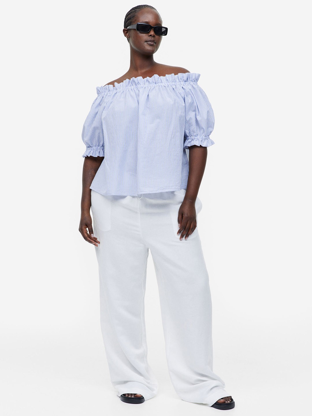 

H&M Frill-Trimmed Off-The-Shoulder Top, Blue