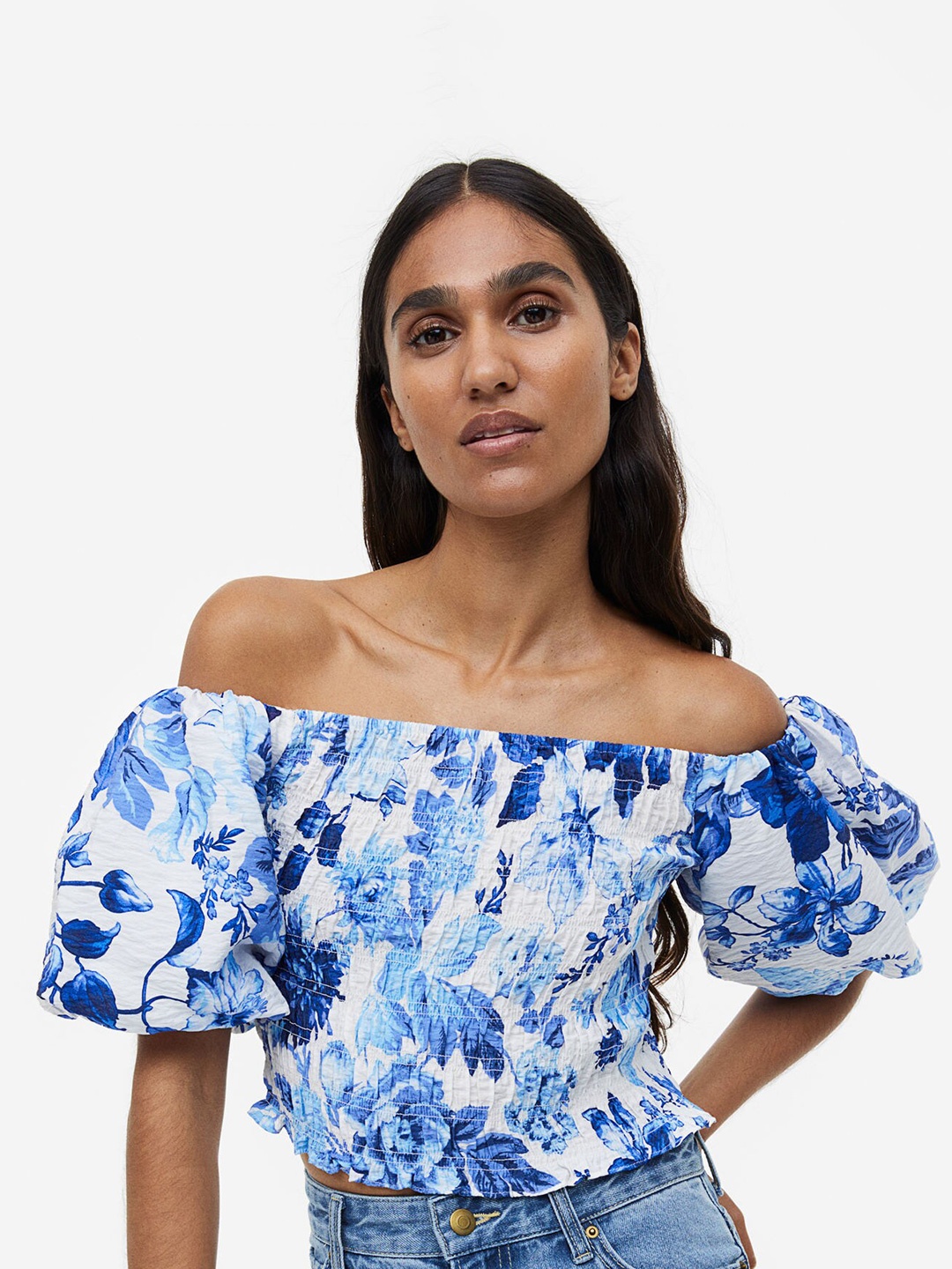 

H&M Smocked Off-The-Shoulder Top, Blue
