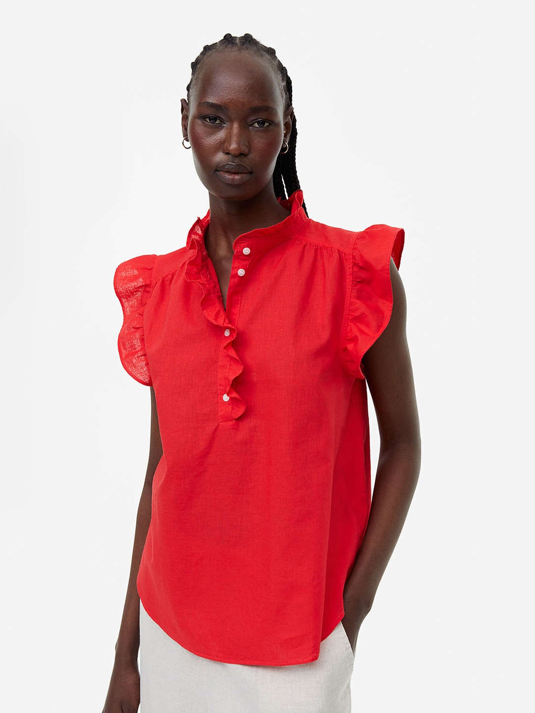 

H&M Frill-Trimmed Linen-Blend Blouse, Red