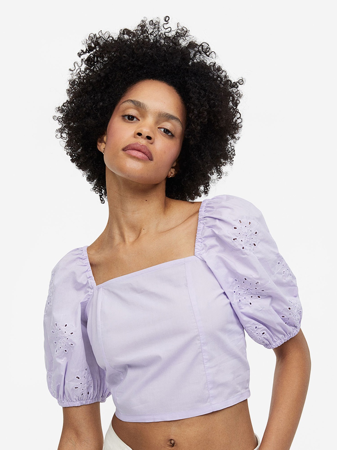 

H&M Puff-Sleeved Cotton Blouse, Purple