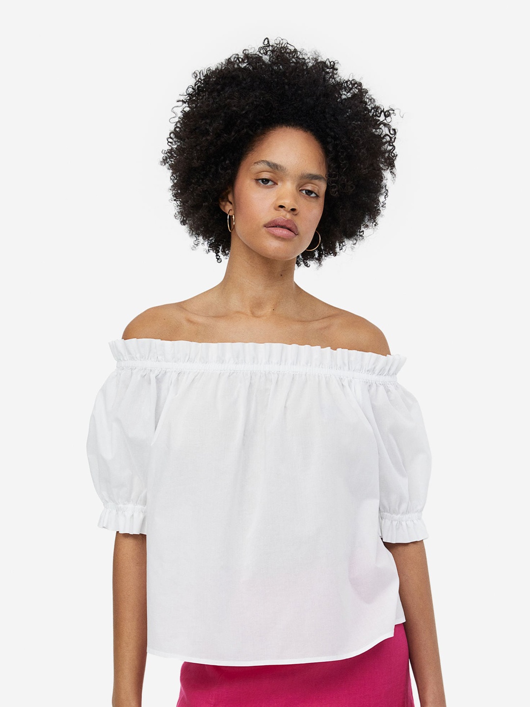 

H&M Cotton Frill-Trimmed Off-The-Shoulder Top, White