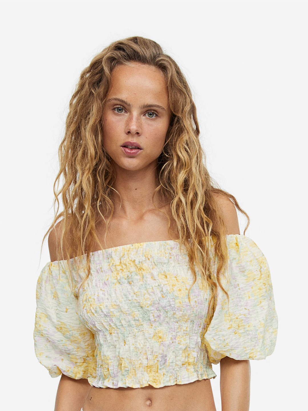 

H&M Smocked Off-The-Shoulder Top, Yellow
