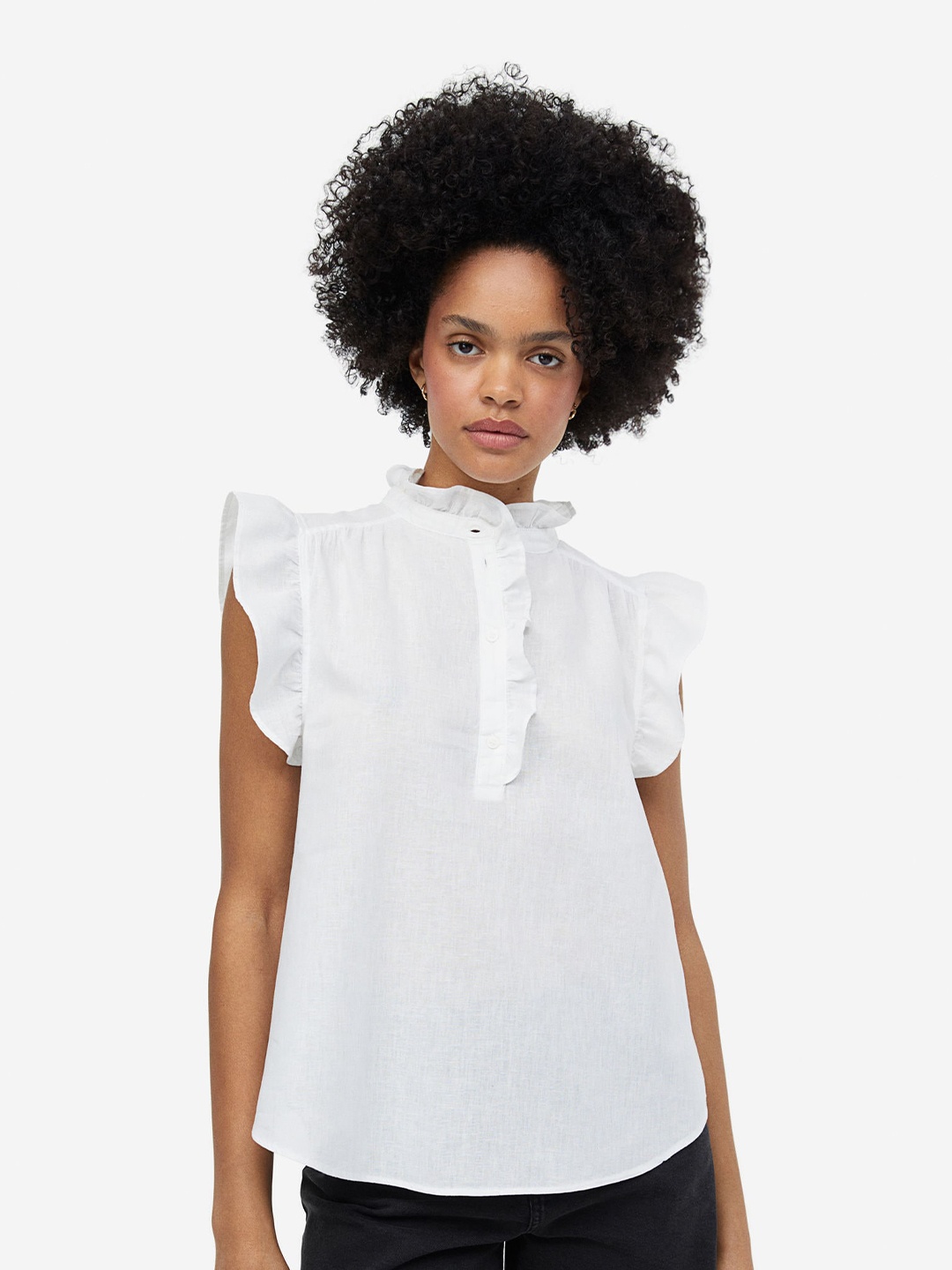 

H&M Frill-Trimmed Linen-Blend Blouse, White