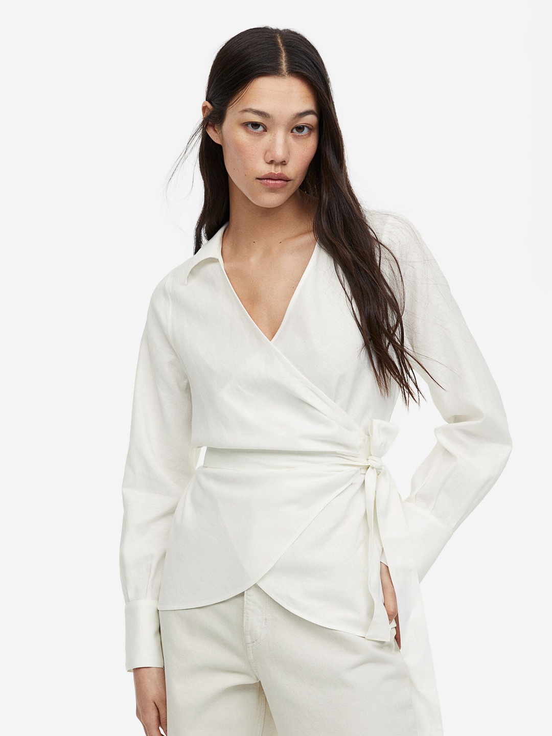 

H&M Linen-Blend Wrap Blouse, White