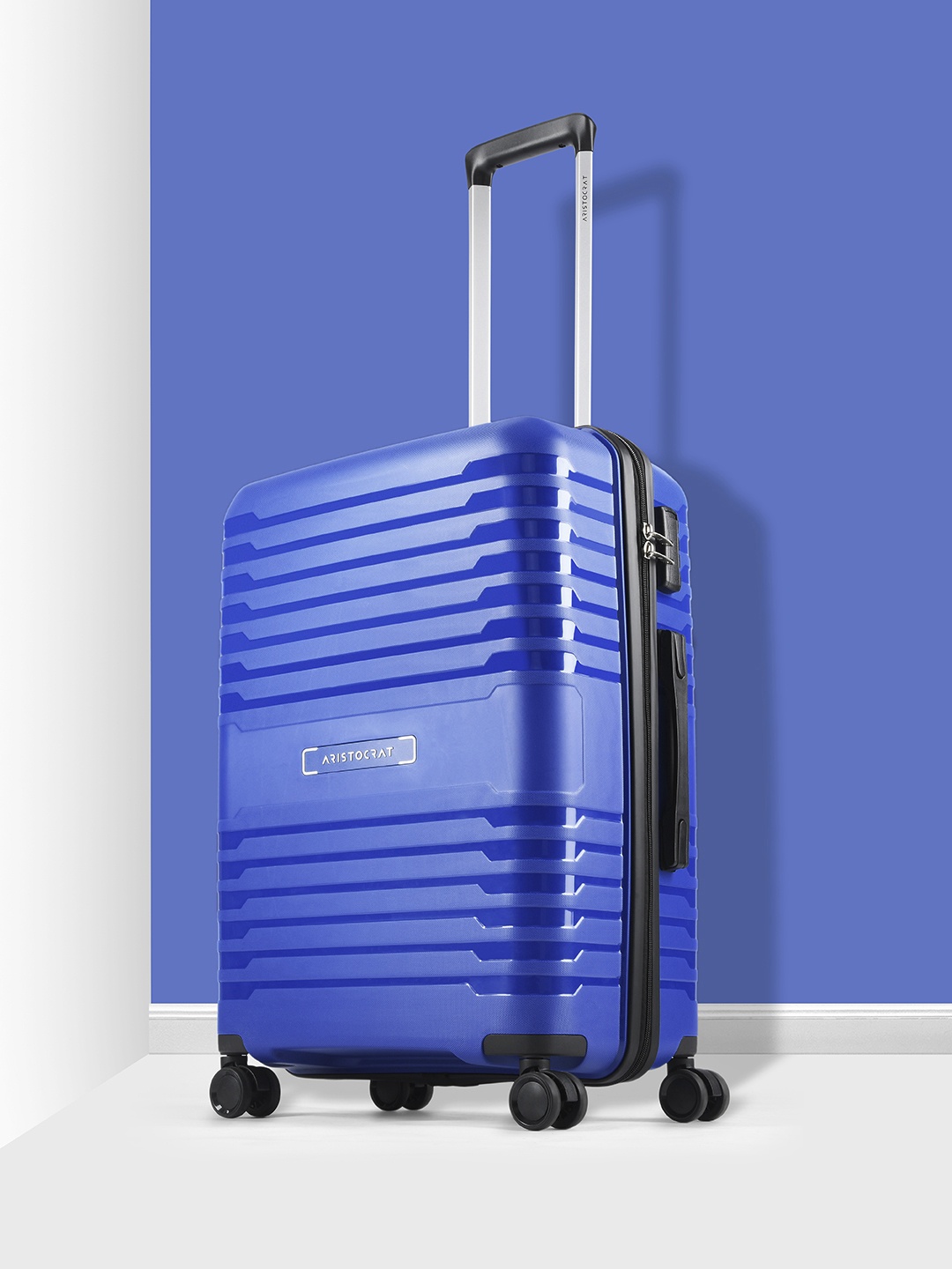 

Aristocrat Striped Hard Medium Trolley Suitcase, Blue