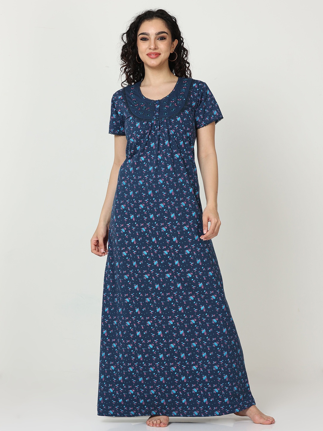 

9shines Label Floral Printed Pure Cotton Maxi Nightdress, Blue