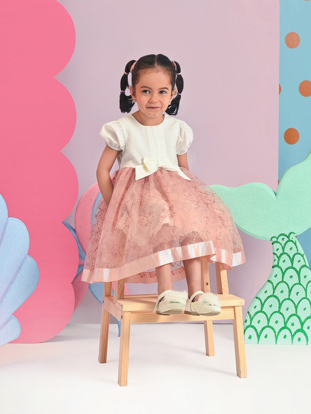 

MiArcus Girls Self Design Puff Sleeves Cotton Fit & Flare Dress, Peach