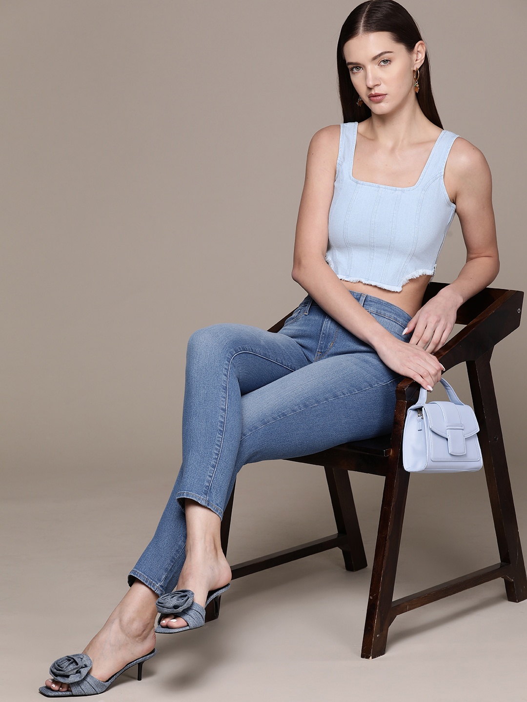 

bebe Blue Fringed Cotton Denim Crop Top