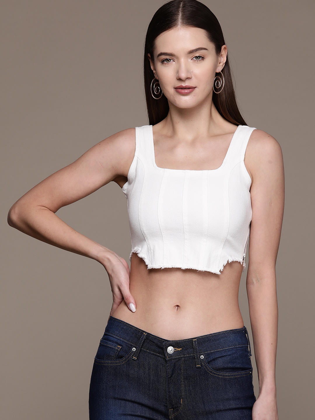 

bebe Denim Daze Frayed Hem Crop Top, White