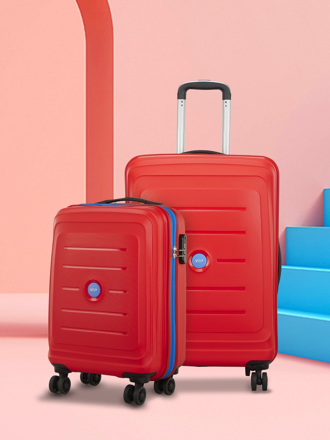 VIP CORSA Set of 2 Hard Textured Trolley Suitcases - Cabin and Medium, Red