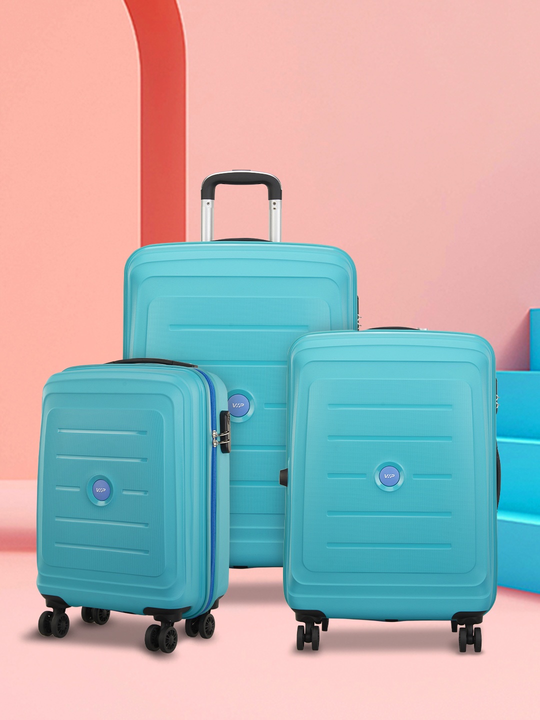 VIP Set of 3 CORSA Hard-Sided Textured Trolley Suitcases - Cabin, Medium and Large, Turquoise blue