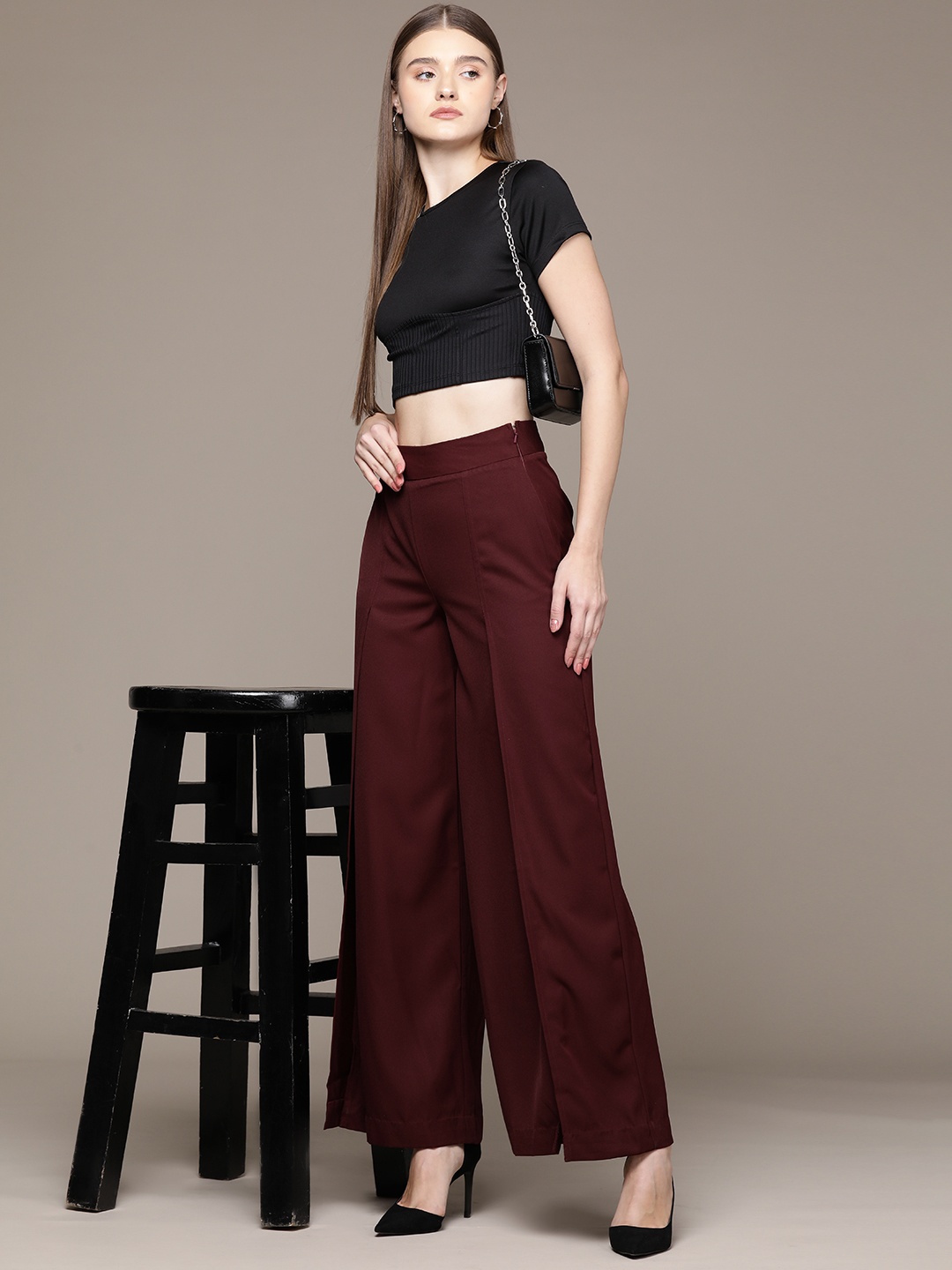 

bebe Women Season Staples Flared High-Rise Slit Trousers, Burgundy