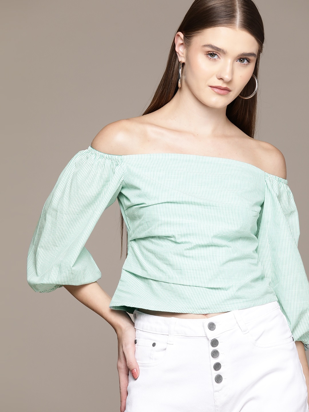 

bebe All Day Pure Cotton Striped Puff Sleeves Bardot Top, Green