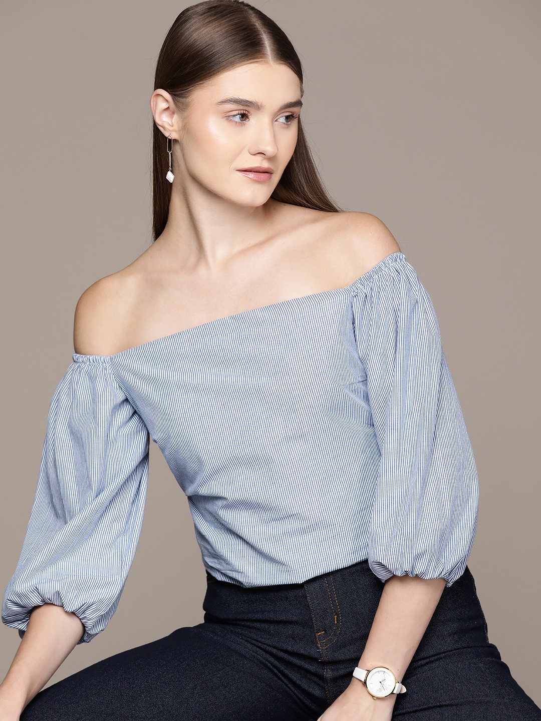 

bebe All Day Pure Cotton Striped Puff Sleeves Bardot Top, Blue