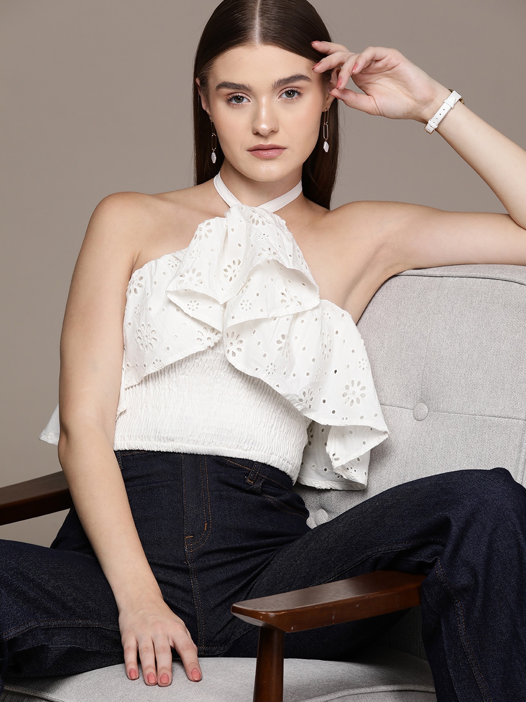 

bebe Women All Day Schiffli Layered Halter Neck Smocked Top, White