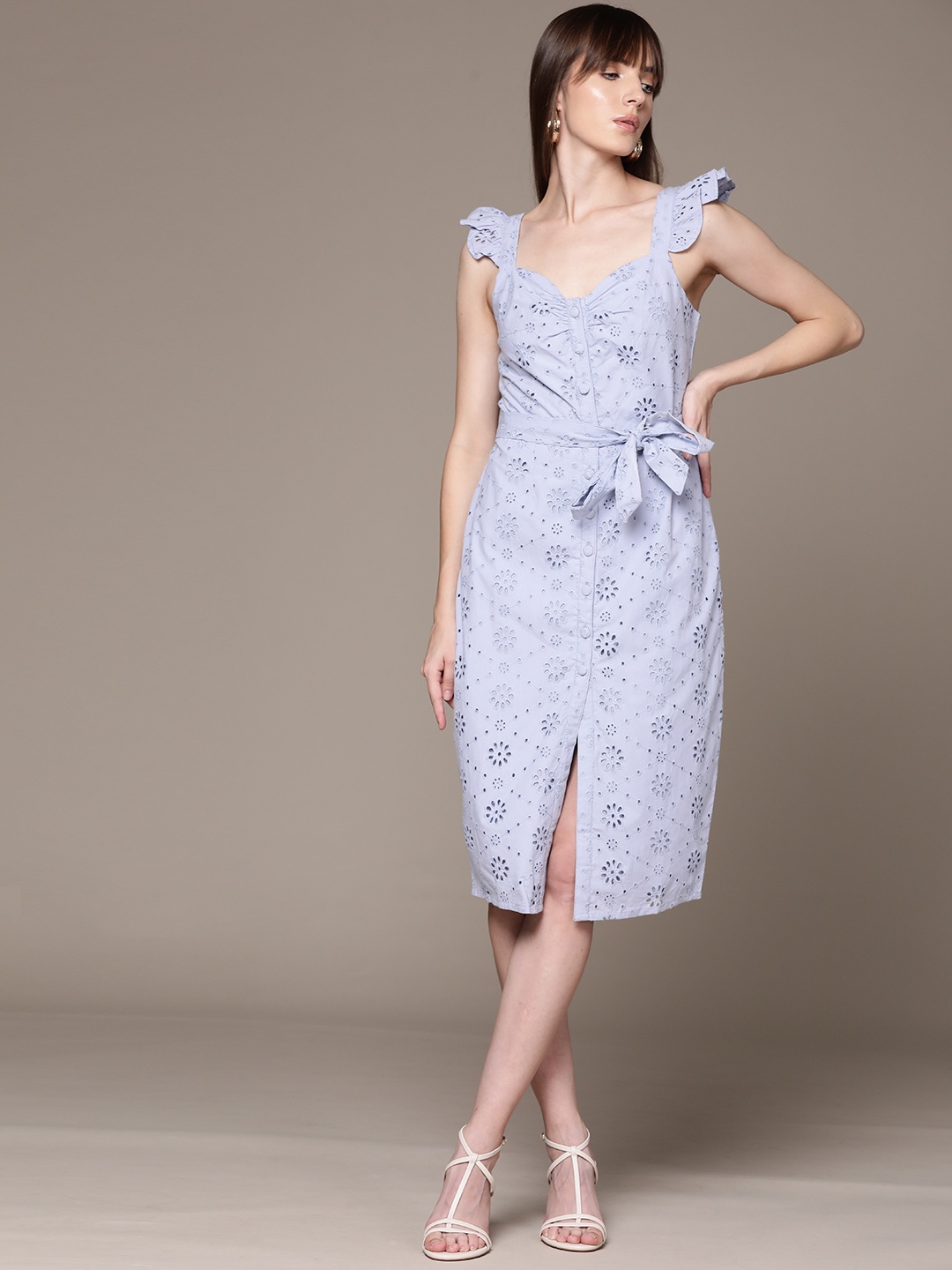 

bebe Holiday Schiffli Pure Cotton Ruffled Sheath Midi Dress, Blue