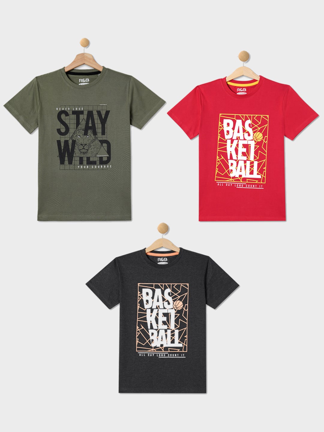 

R&B Boys Pack Of 3 Typography Printed Cotton T-shirt, Green
