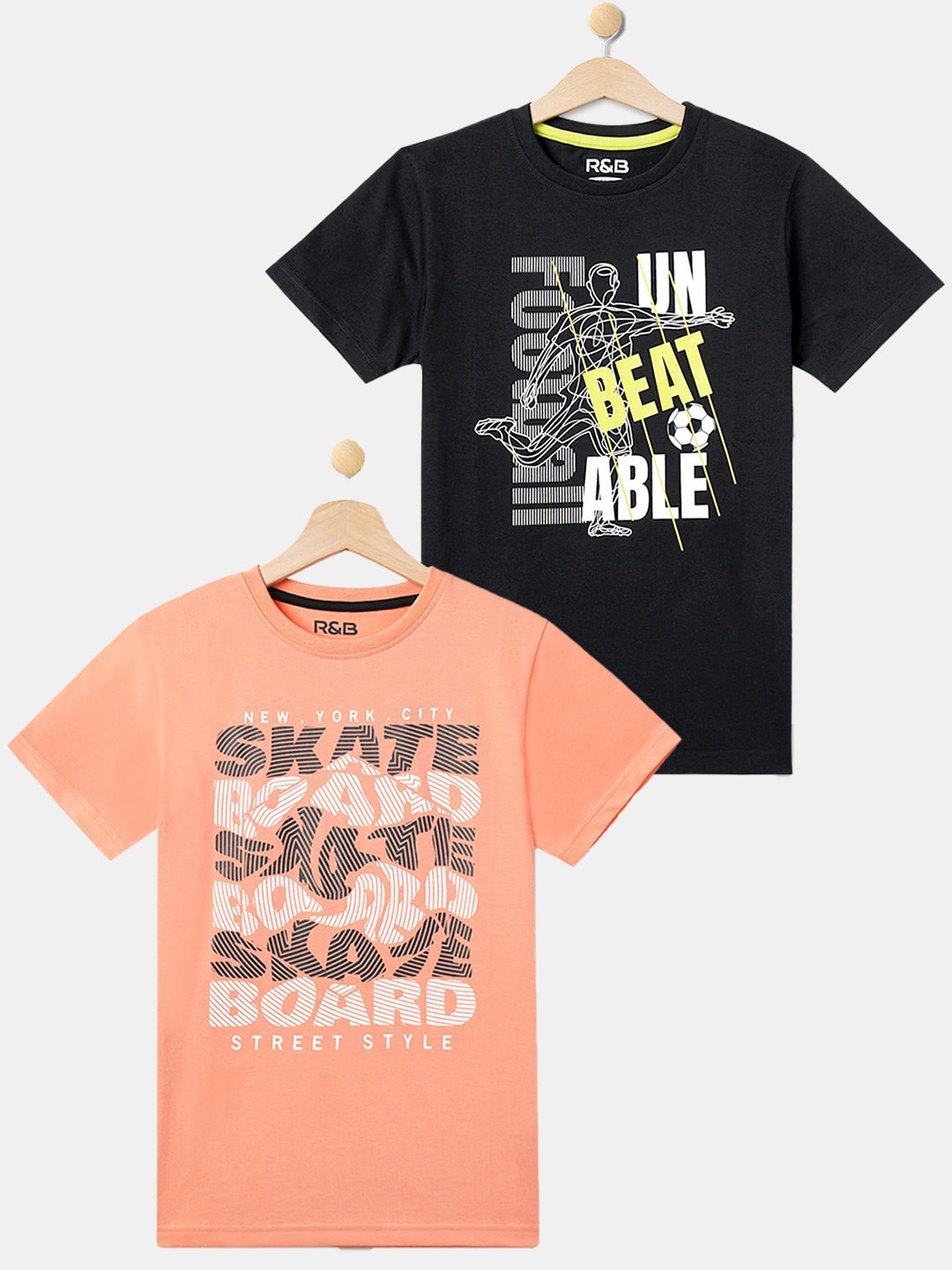 

R&B Boys Pack Of 2 Typography Printed Cotton T-shirt, Peach