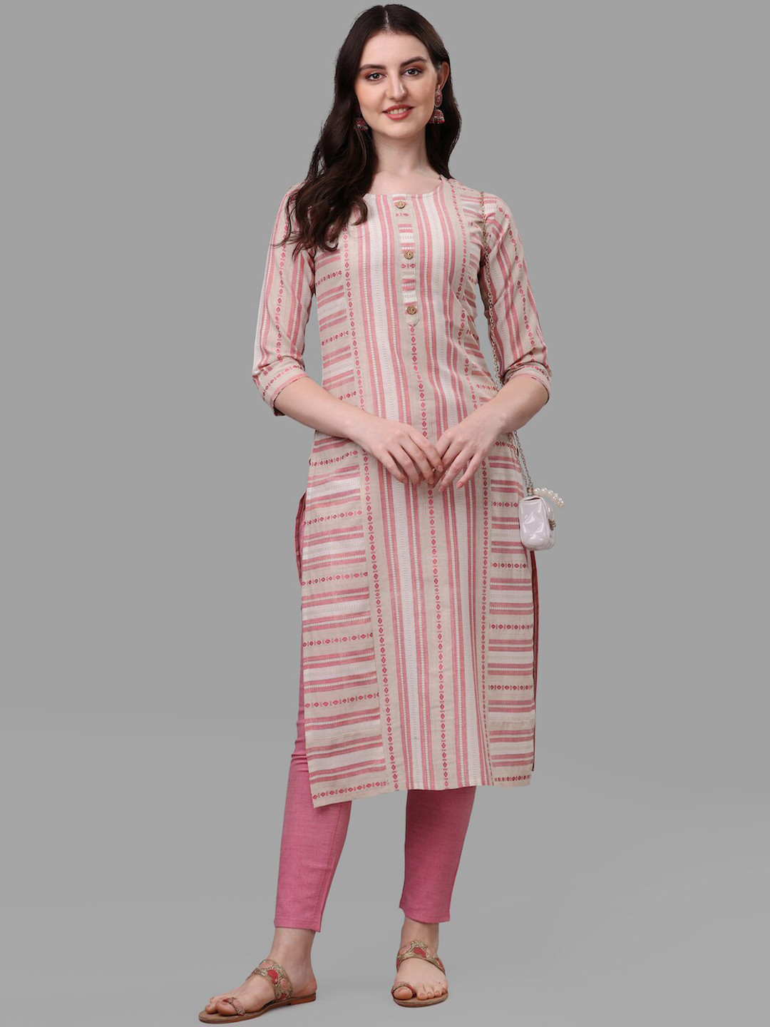 

HERE&NOW Pink & Beige Striped Pure Cotton Kurta with Trousers