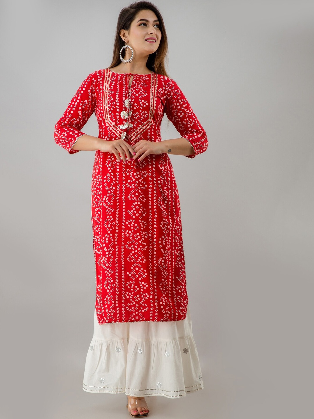 

HERE&NOW Red & White Bandhani Printed Gotta Patti Straight Kurta