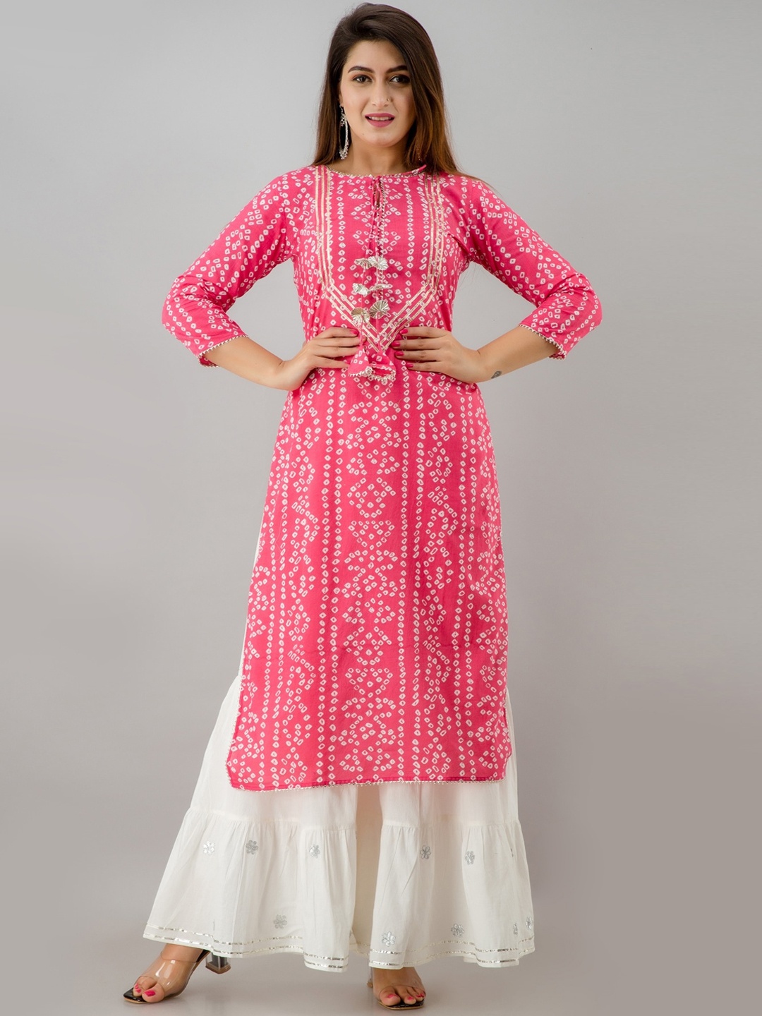 

HERE&NOW Pink Tie Up Neck Bandhani Printed Gotta Patti Kurta