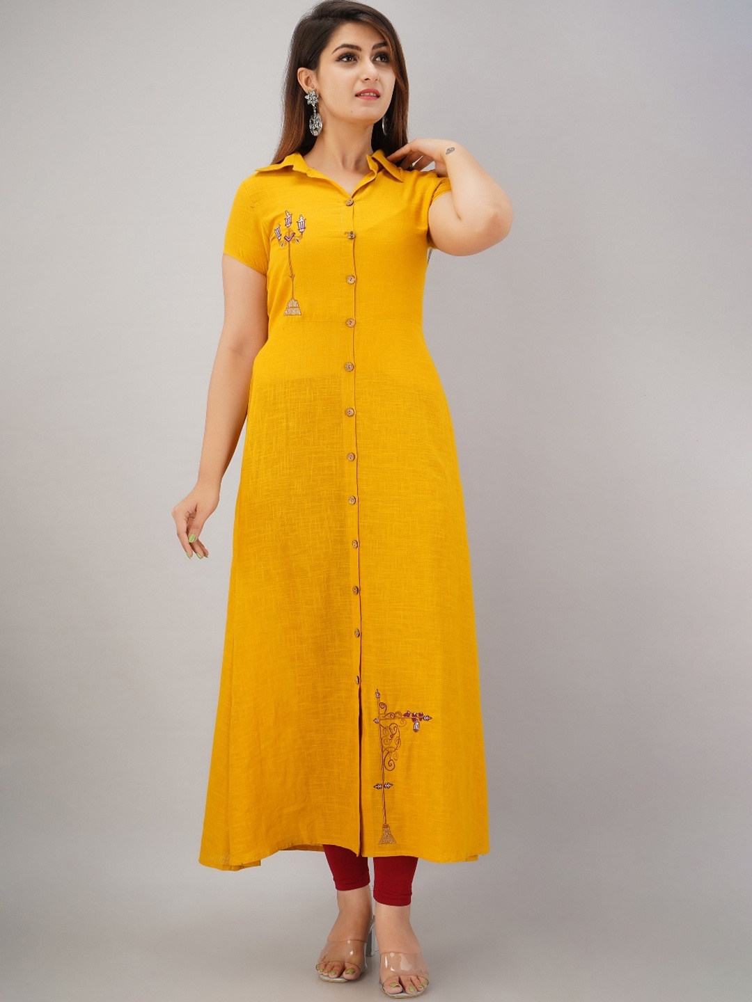 

HERE&NOW Mustard Yellow Shirt Collar Thread Work A-Line Kurta