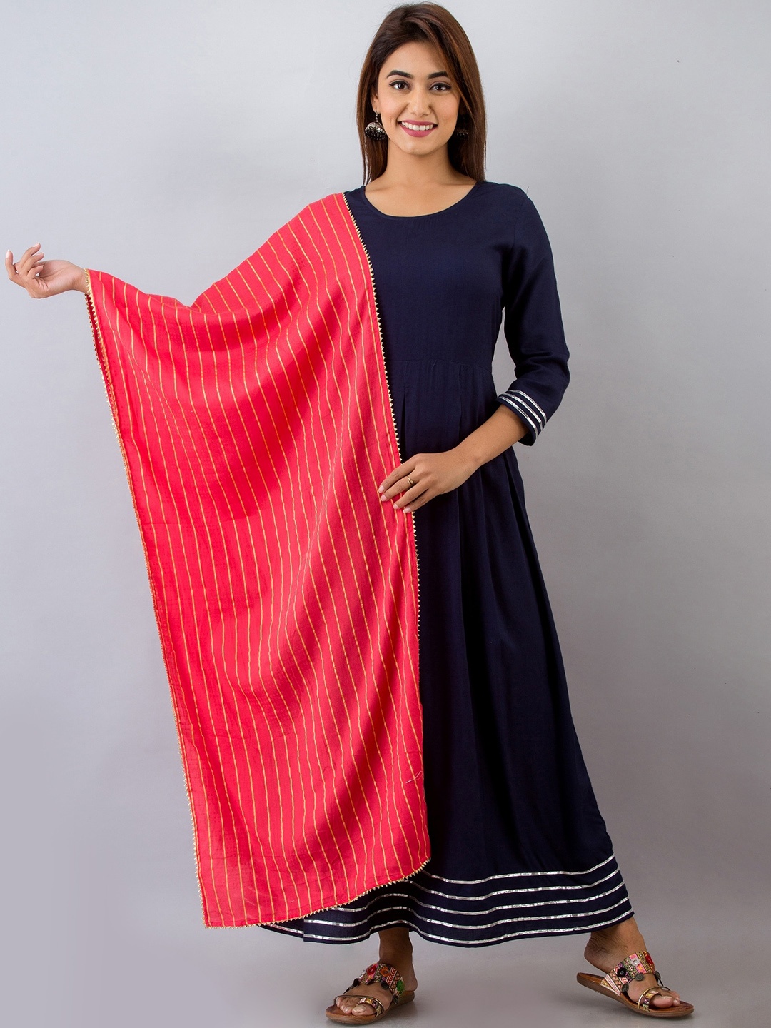 

HERE&NOW Navy Blue Fit & Flare Gotta Patti Ethnic Dress With Dupatta