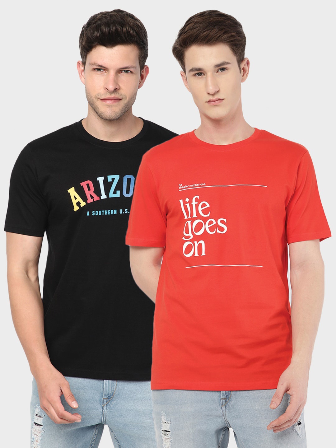 

R&B Pack Of 2 Typography Printed Cotton T-shirt, Black