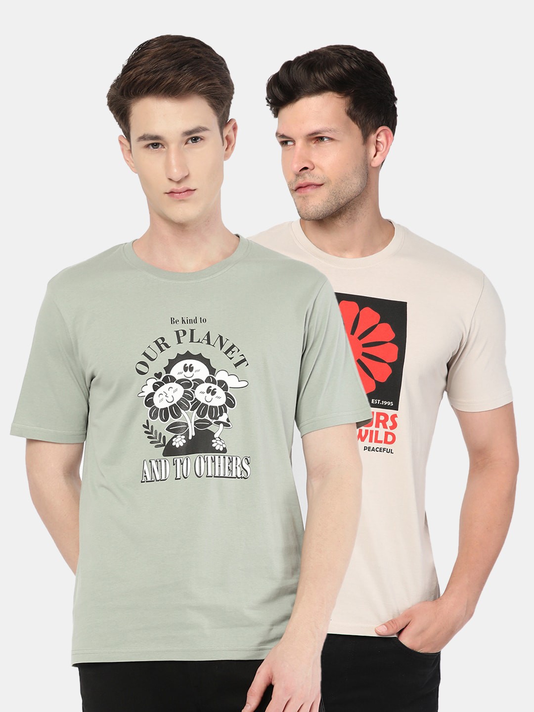 

R&B Pack Of 2 Graphic Printed Cotton T-shirt, Green