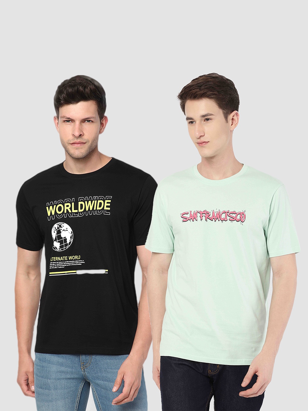 

R&B Pack Of 2 Typography Printed Cotton T-shirt, Black