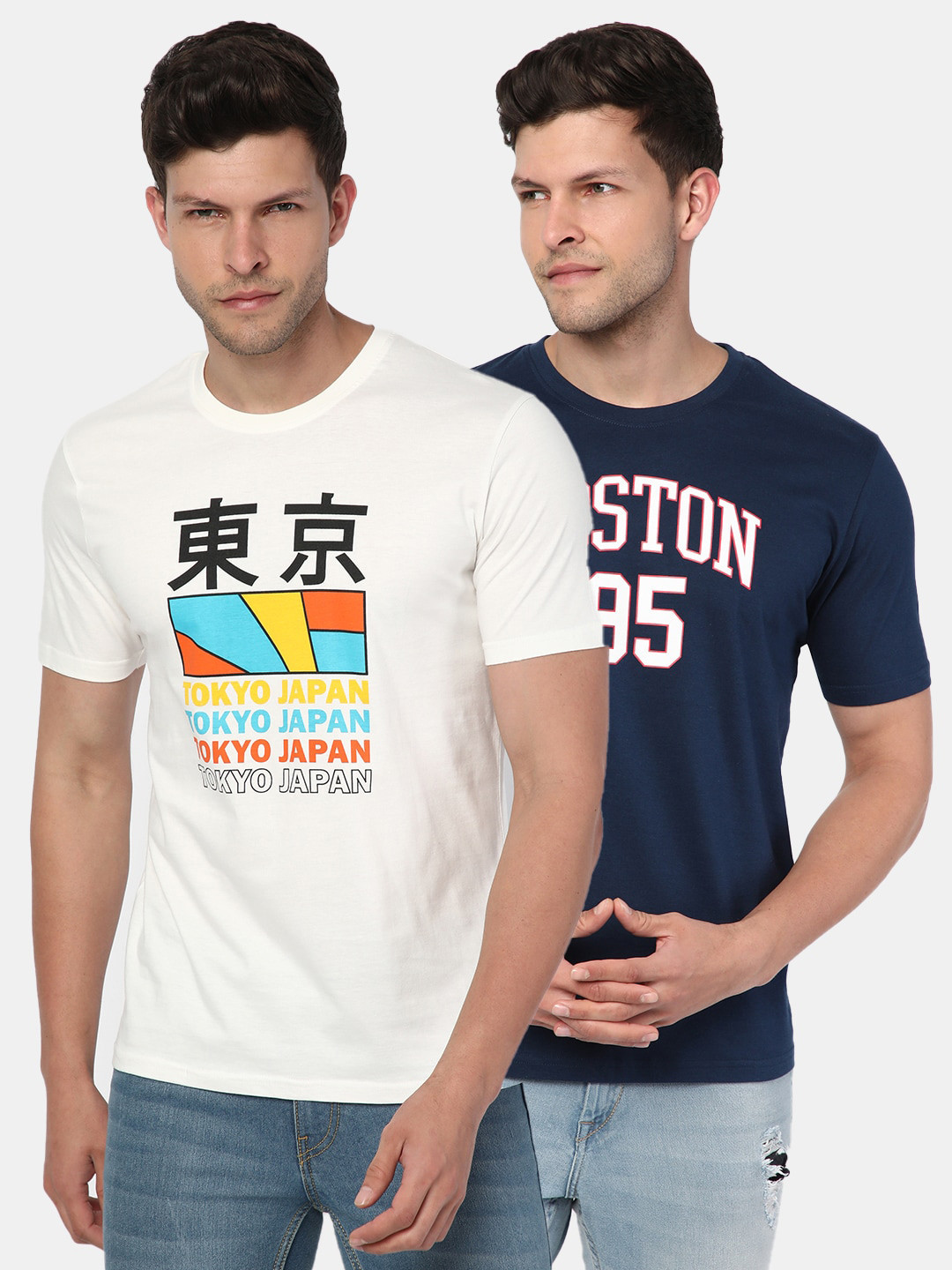 

R&B Pack of 2 Typography Round Neck Cotton T-shirt, Off white