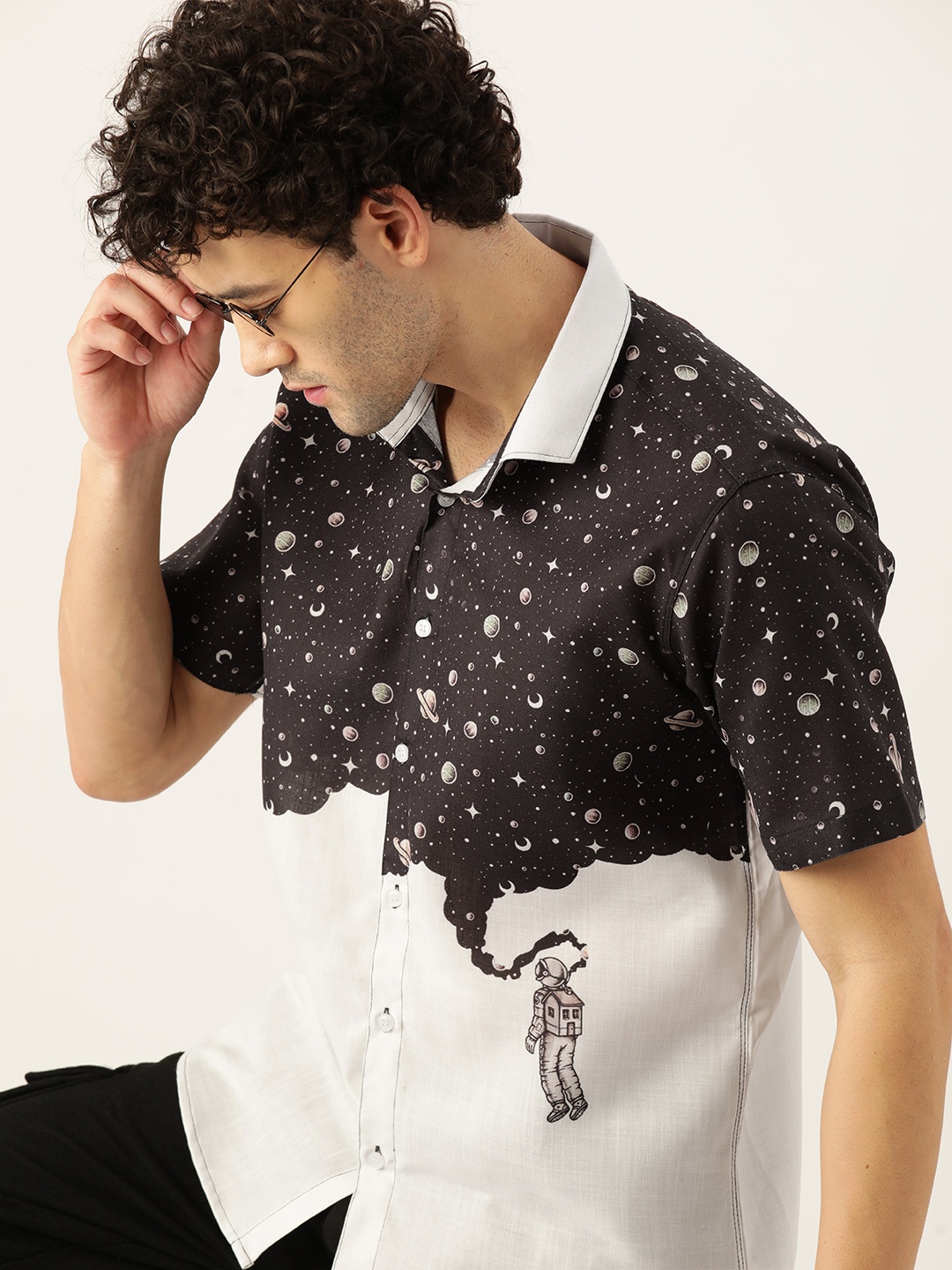 

Kook N Keech Men Relaxed Printed Cotton Linen Casual Shirt, Black