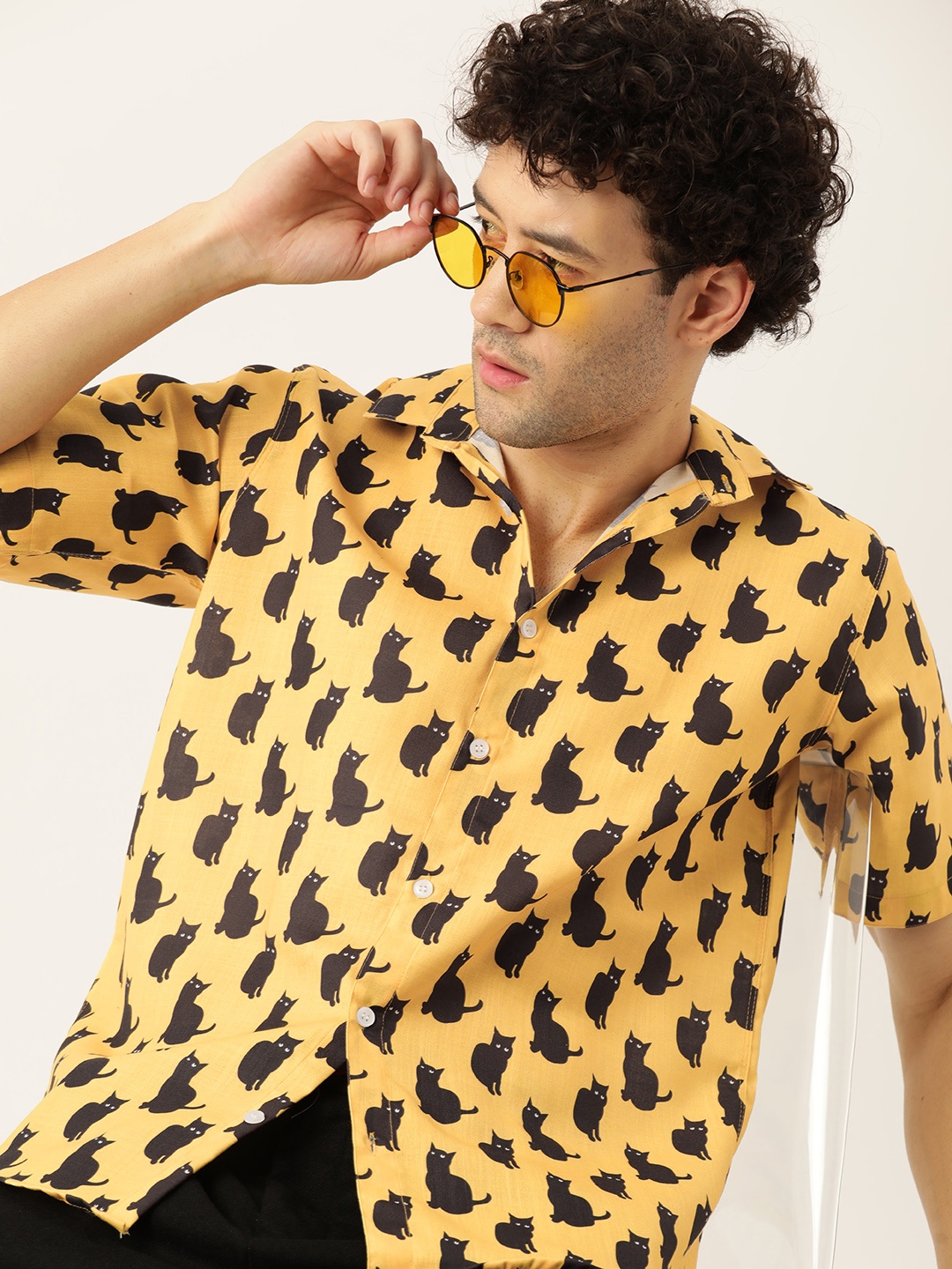 

Kook N Keech Men Relaxed Printed Cotton Linen Casual Shirt, Yellow