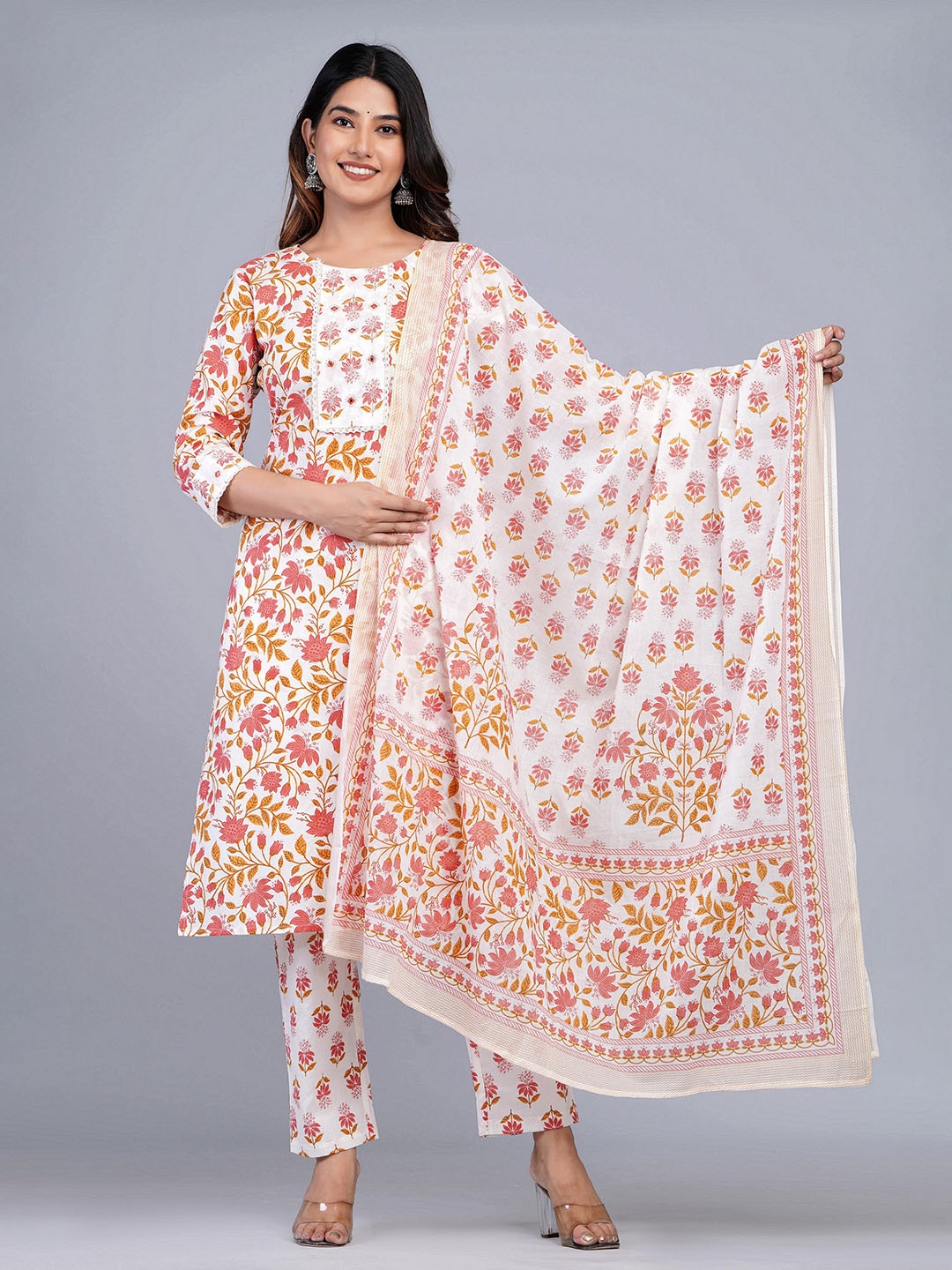 

JAIPURI COLLECTION Floral Printed Regular Pure Cotton Kurta With Pyjamas & Dupatta, White