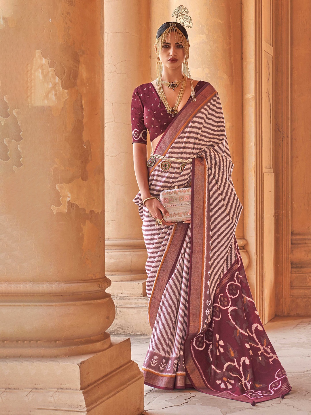 

Mitera Maroon Striped Woven Design Patola Saree