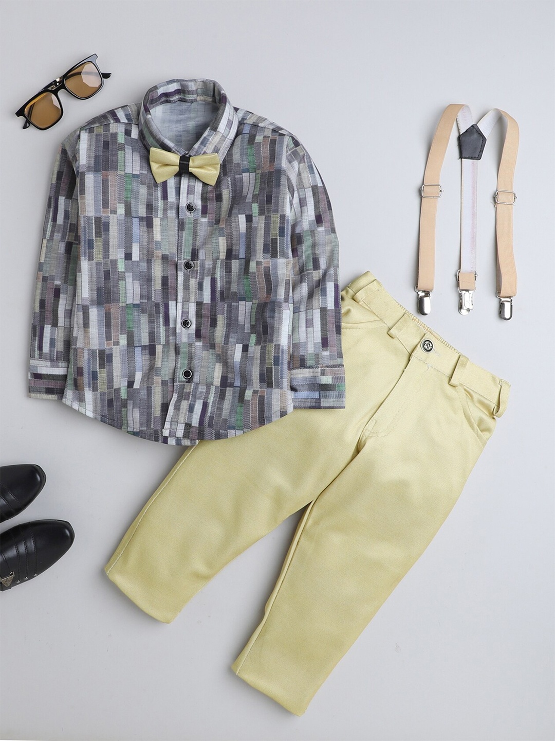 

BAESD Boys Printed Shirt With Trousers & Suspenders, Mustard