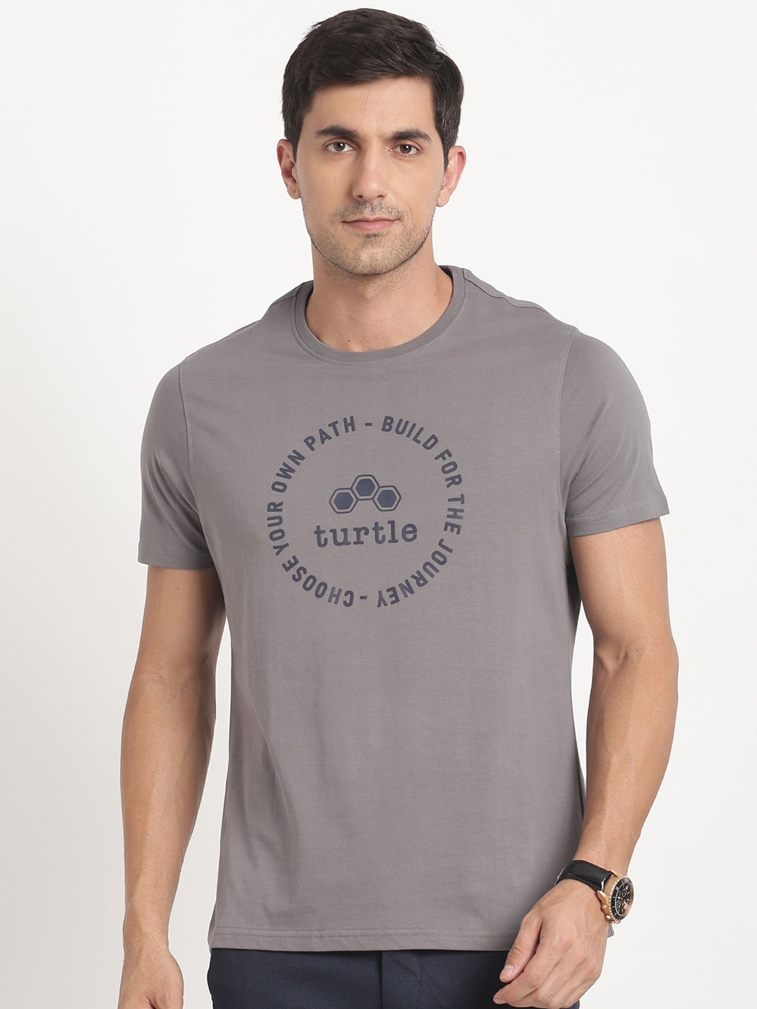 Turtle Slim Fit Typography Pure Cotton T-shirt, Grey