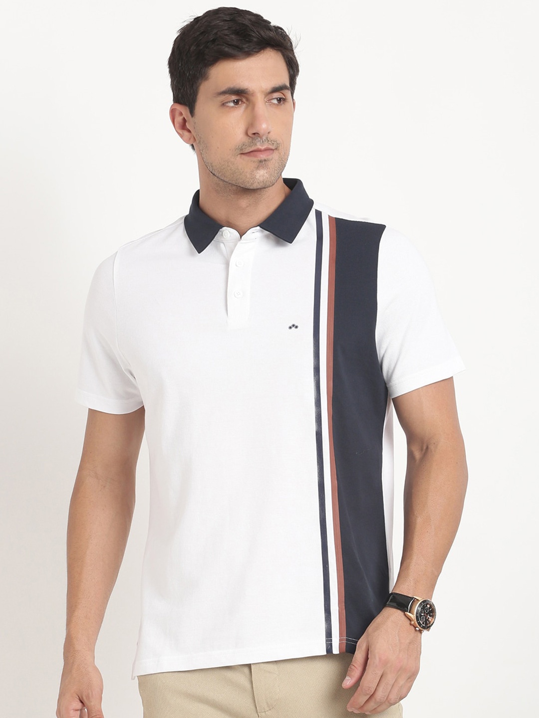 

Turtle Slim Fit Colourblocked Cotton Polo T-shirt, White
