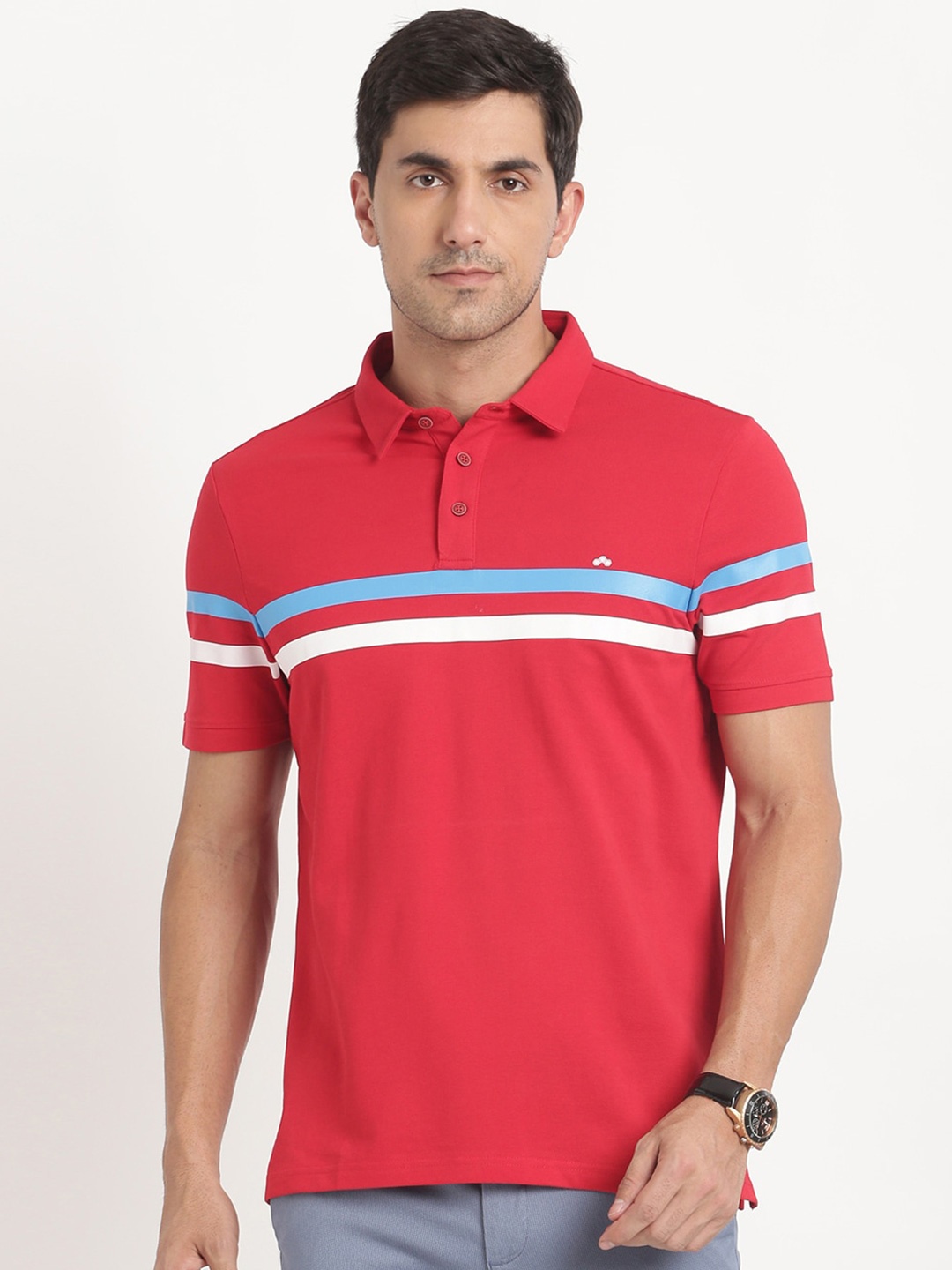 

Turtle Striped Polo Collar Pure Cotton Slim Fit T-shirt, Red