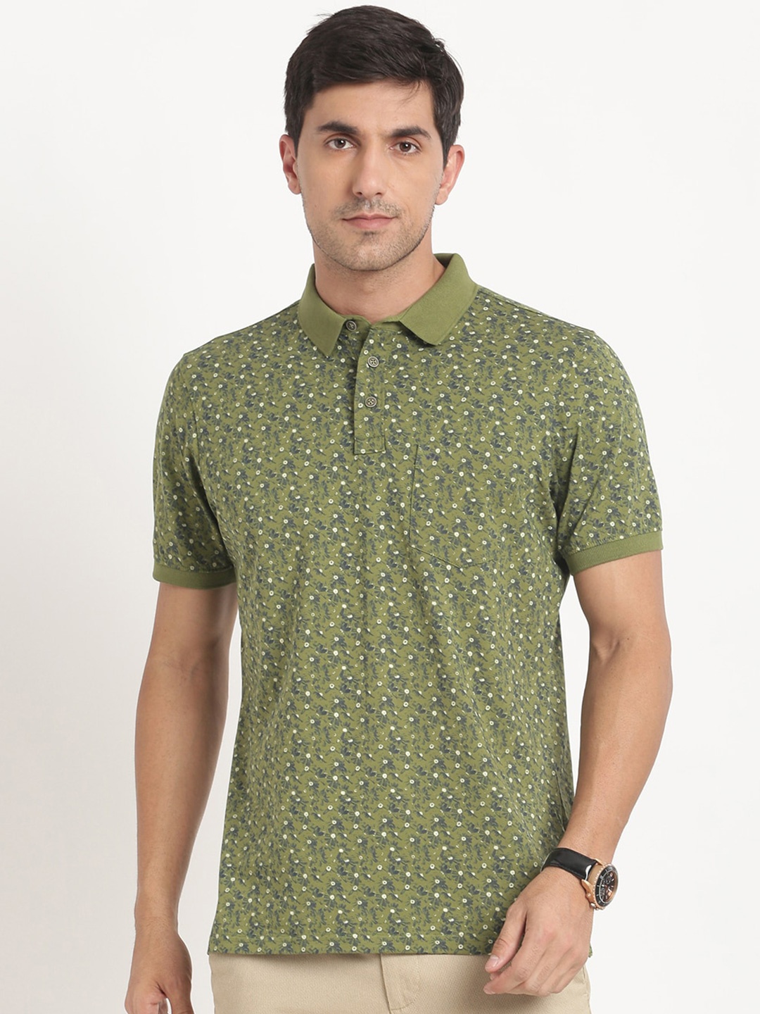 

Turtle Slim Fit Floral Printed Polo T-shirt, Green