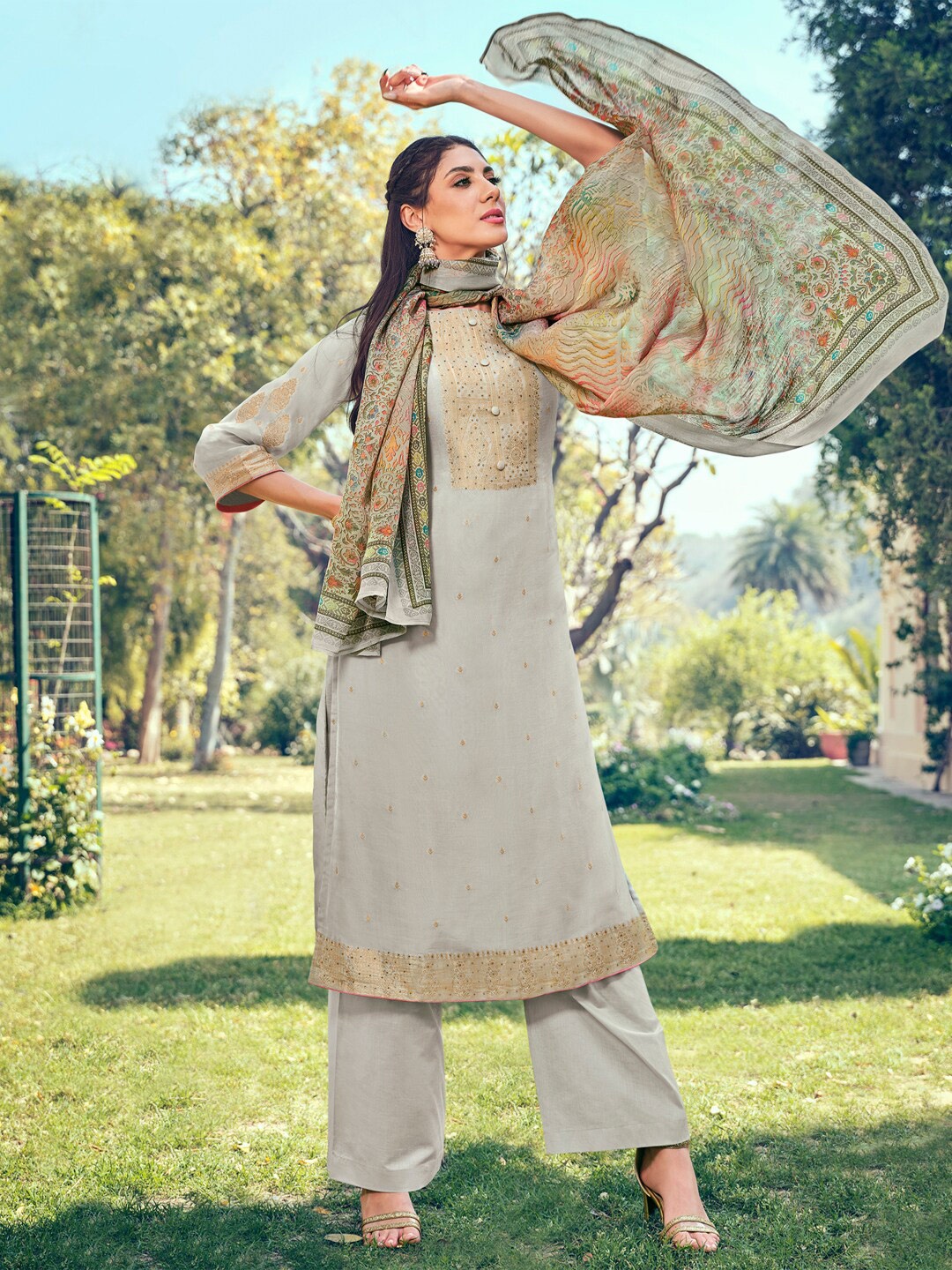 

Stylee LIFESTYLE Woven Design Pure Silk Unstitched Dress Material, Grey