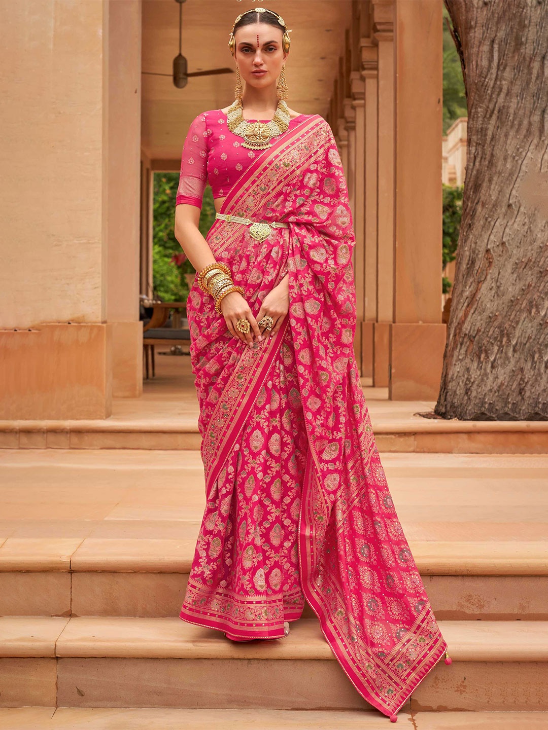 

Mitera Pink & Green Ethnic Motif Woven Design Zari Banarasi Saree