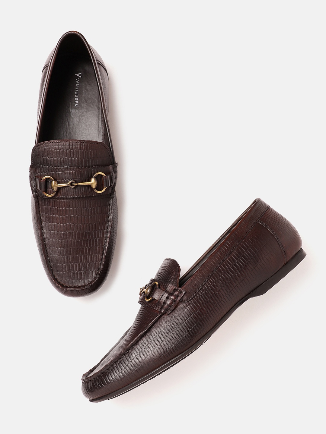 

Van Heusen Men Snake Skin Textured Leather Horsebit Loafers, Coffee brown