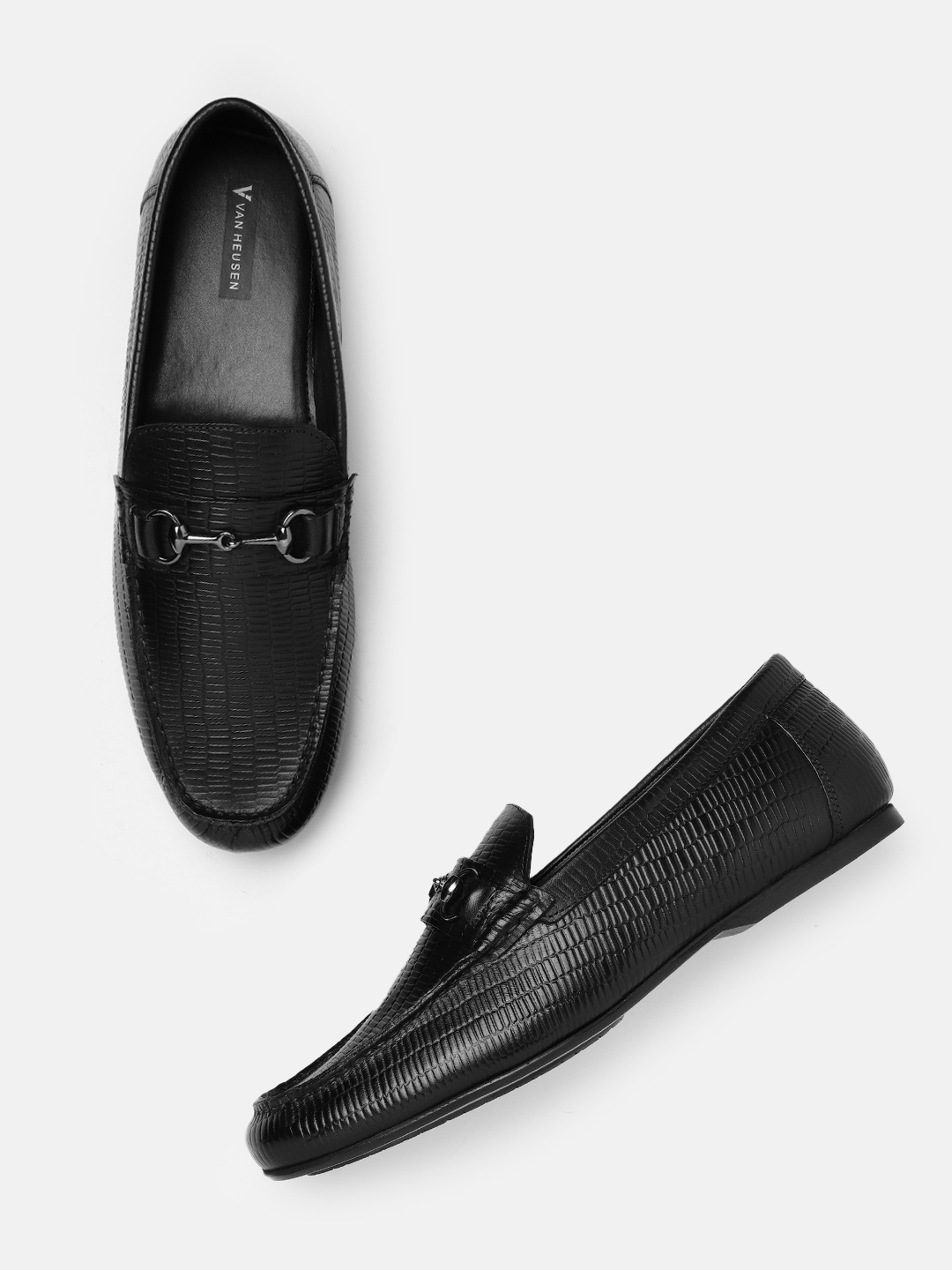 

Van Heusen Men Leather Reptile Textured Smart Casual Horsebit Loafers, Black
