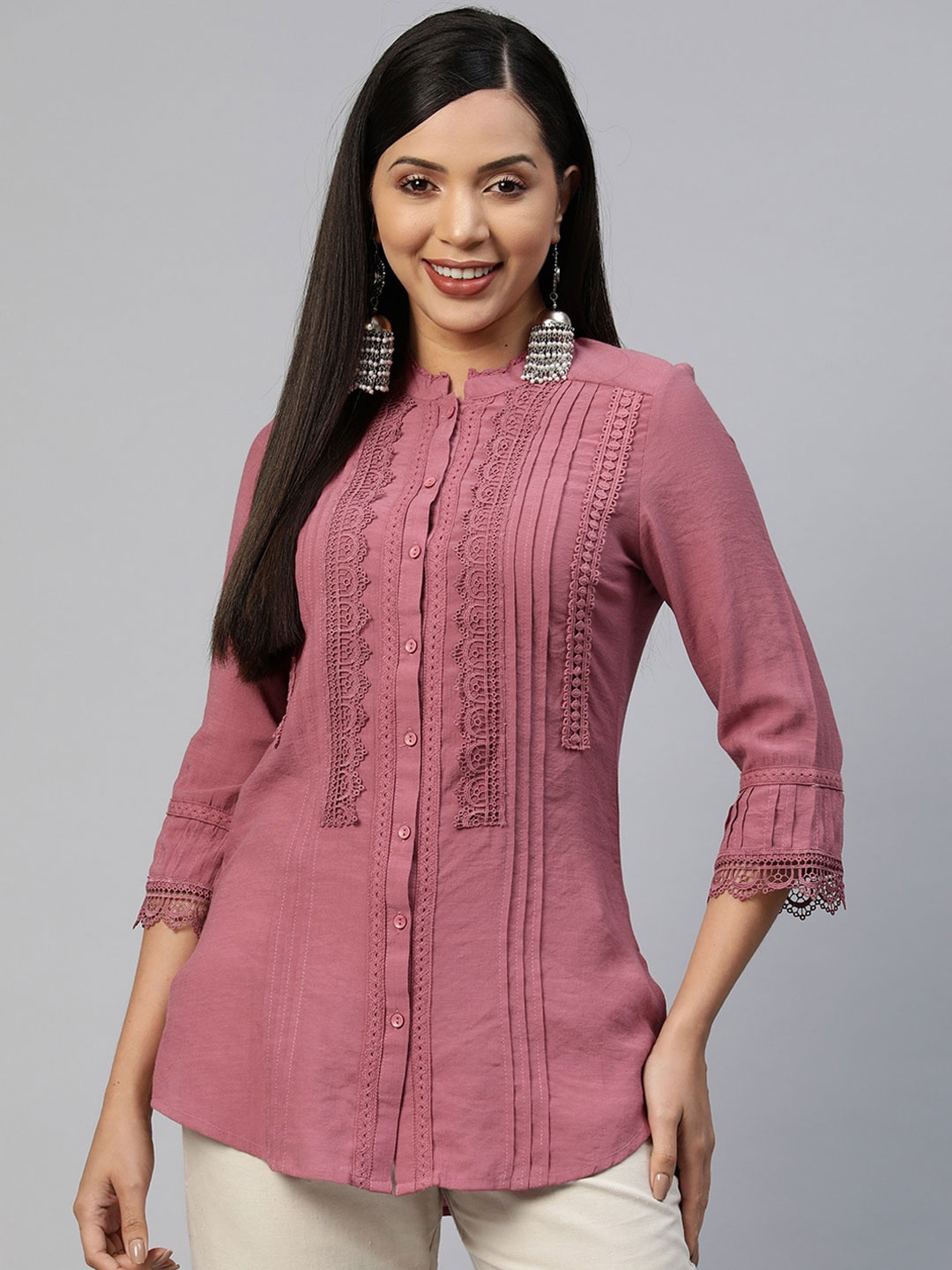 

Nayam By Lakshita Comfort Mandarin Collar Lace Up Casual Shirt, Rose